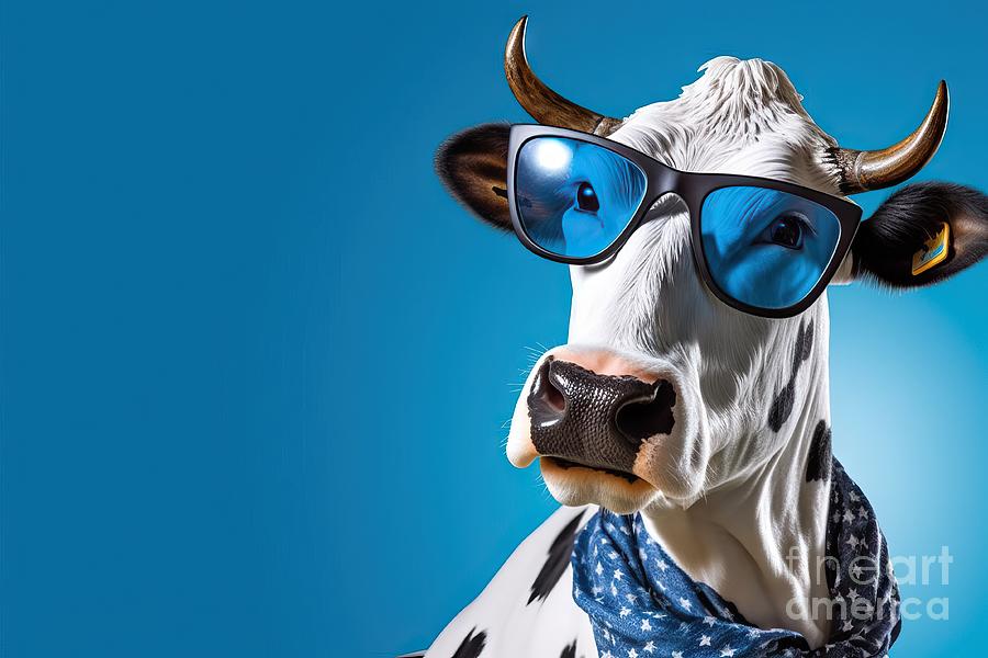 Cool Painting - created Studio Blue Vibrant Spotlight Sunglasses Rocking Cow Hilarious Bovine Chillin humor comical animal cattle quirky playful amusing entertainment farm expression cool blithe funny face by N Akkash