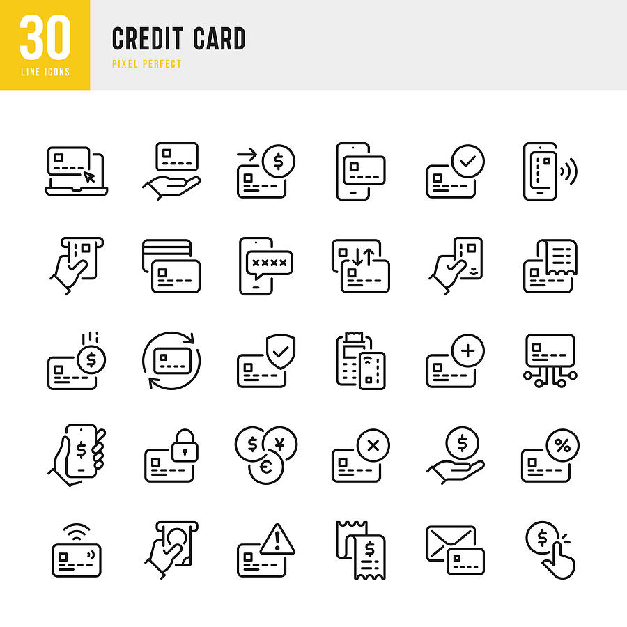 Credit Card - thin line icon set. Vector illustration. Pixel perfect. The set contains icons: Credit Card, Bank Account, Contactless Payment, ATM, Bank Statement, Cash Back. Drawing by Fonikum