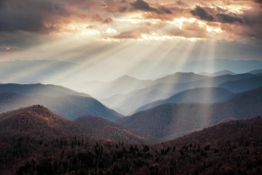 Crepuscular Light Rays on Blue Ridge Parkway - Rays and Ridges Photograph by Dave Allen