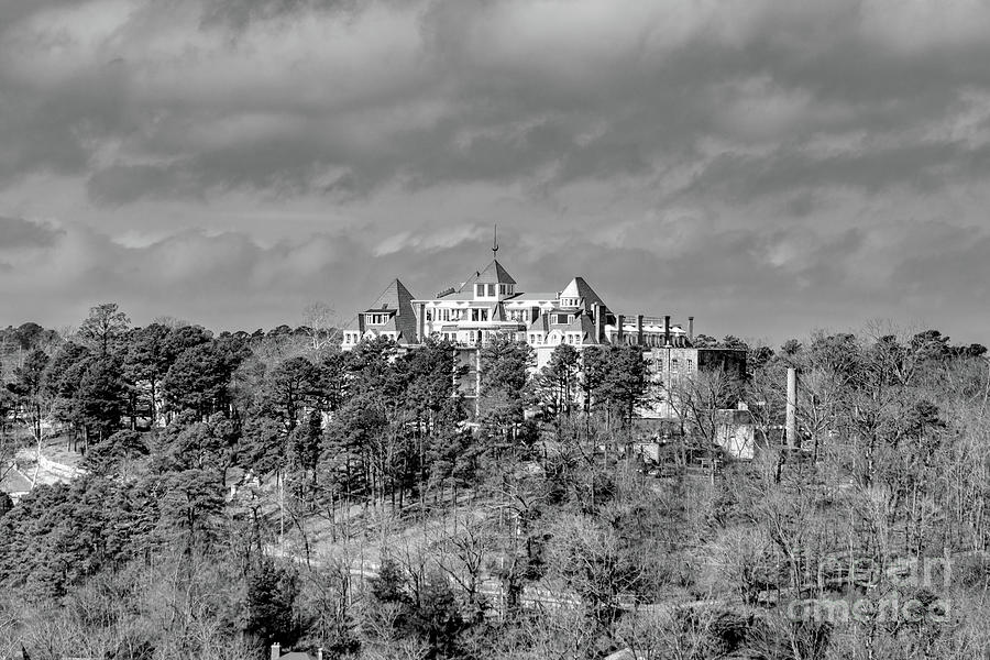 Crescent Hotel Hillside View Grayscale Photograph by Jennifer White