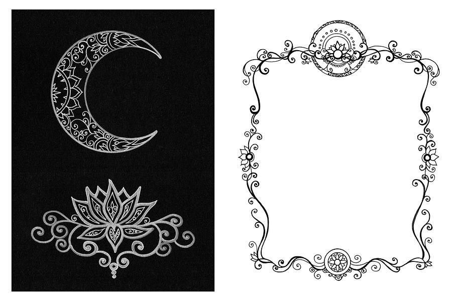 Crescent Moon and Swirly Border Drawing by Katherine Nutt