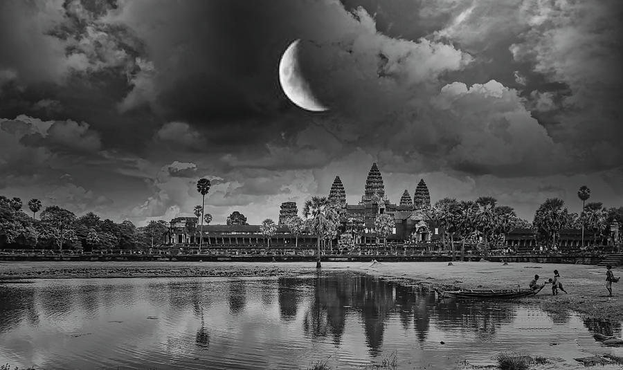 Crescent Moon over Angkor Wat Cambodia Black White Panorama  Photograph by Chuck Kuhn