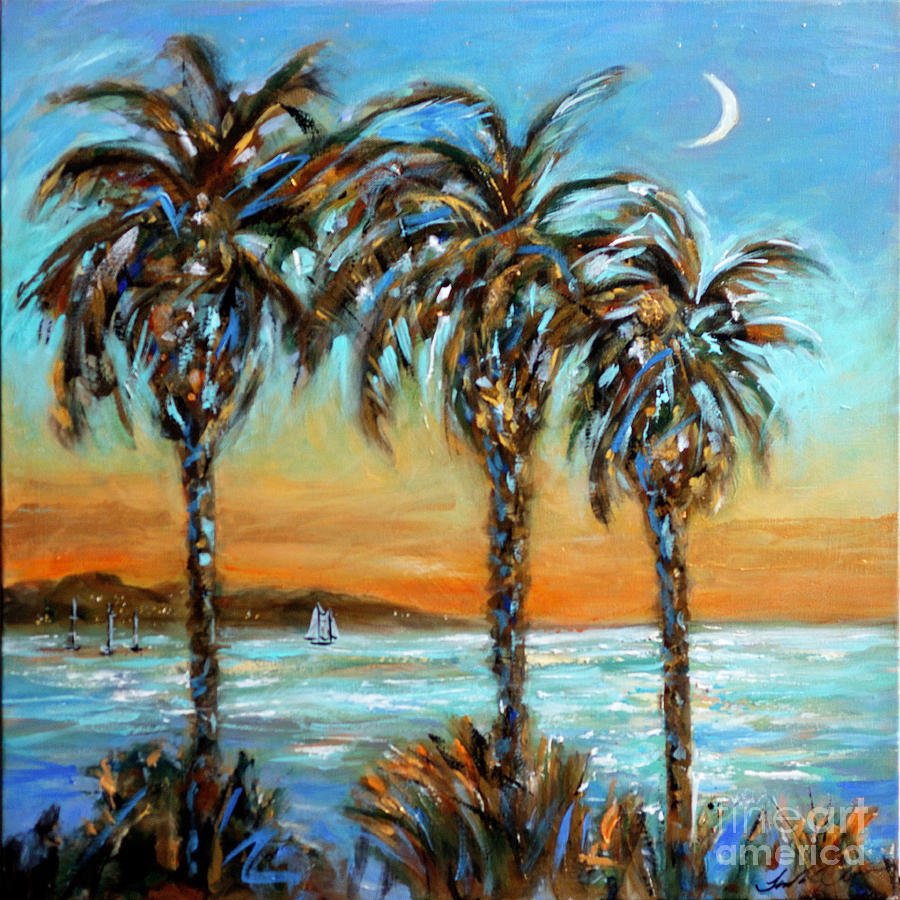 Crescent Moon Over Palms Painting by Linda Olsen