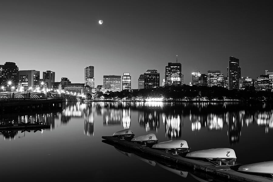 Crescent Moon over the Charles River Beautiful Reflection Boston MA Black and White BW Photograph by Toby McGuire