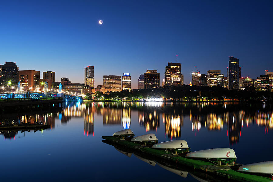 Crescent Moon over the Charles River Beautiful Reflection Boston MA Photograph by Toby McGuire
