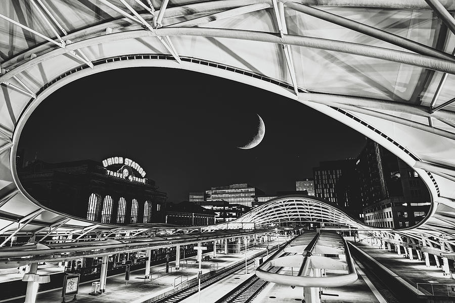 Crescent Moon Over Union Station - Denver Black and White Photograph by Gregory Ballos