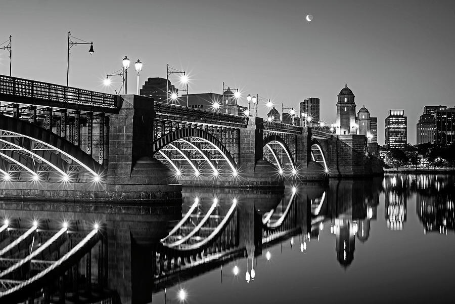 Crescent Moon Rising over the Longfellow Bridge Charles River Boston MA Black and White Photograph by Toby McGuire