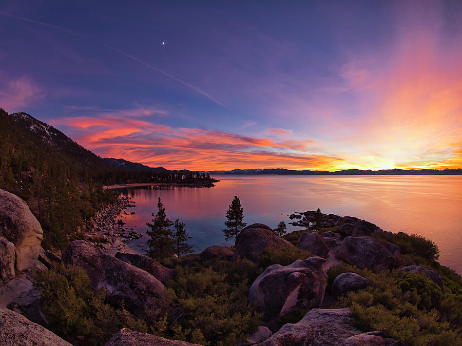 Crescent moon sunset, Lake Tahoe Photograph by Martin Gollery