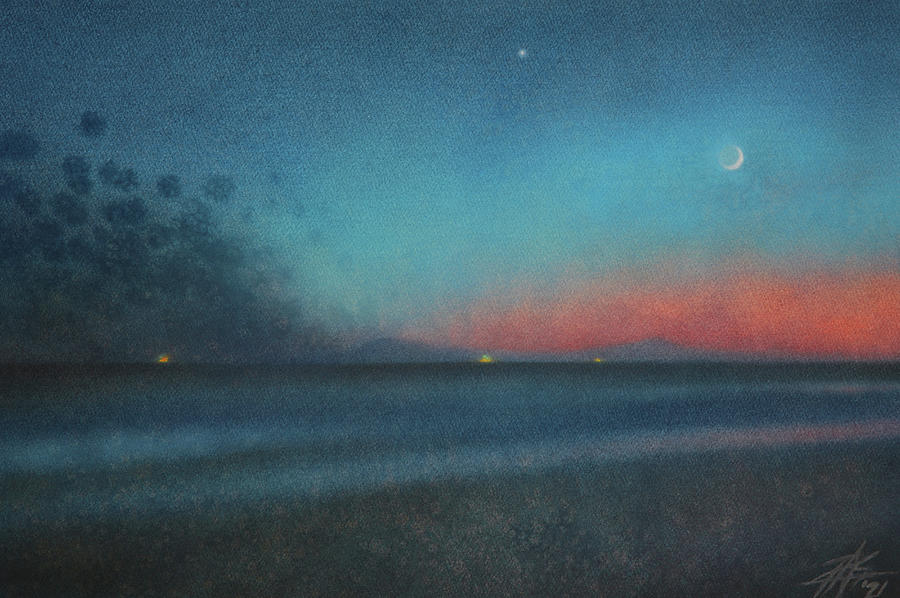 Crescent Moon with Venus and Offshore Oil and Gas Platforms Mixed Media by Robin Street-Morris