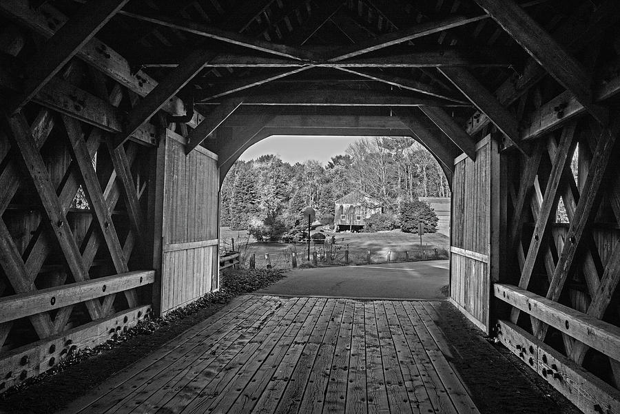 Cresson Covered Bridge Fall Foliage Sawyers Crossing Swanzey NH Black and White Photograph by Toby McGuire