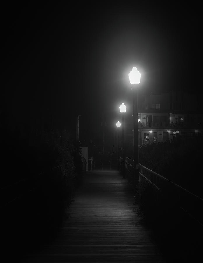 Crest Pier at Night Black and White Photograph by Jason Fink
