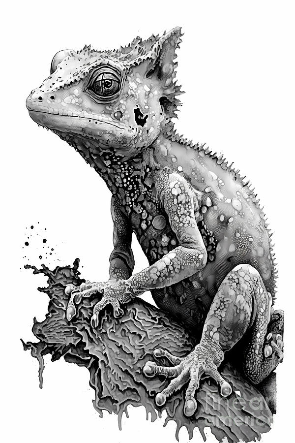 Crested Gecko Ink Drawing In Splash of Inked Black and White Animal