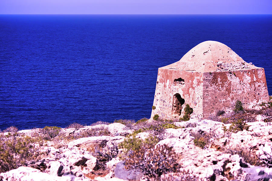 Crete or Kreta, Greece -  Ruin of ottoman building on Gramvousa on venetian fort against deep blue sea, Wide angle shot of Kissamos Photograph by Arpan Bhatia
