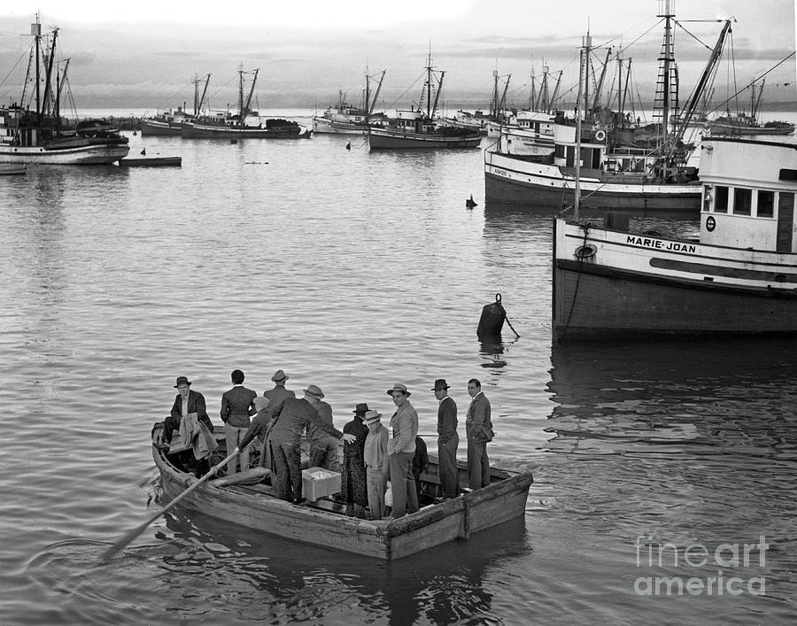 Crew Photograph - Crew of the purse seine Eneas in a skiff going out, Purse Seiner  1947 by Monterey County Historical Society