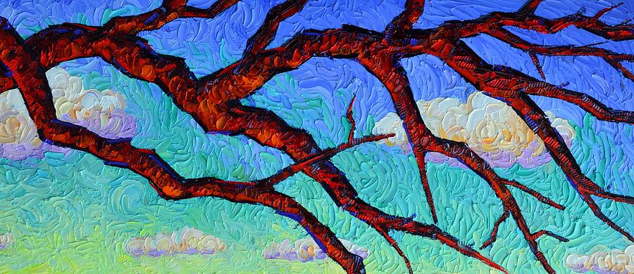 CRIMSON BRANCHES ON BLUE SKY textural impasto knife oil painting wild nature art Ana Maria Edulescu Painting by Ana Maria Edulescu