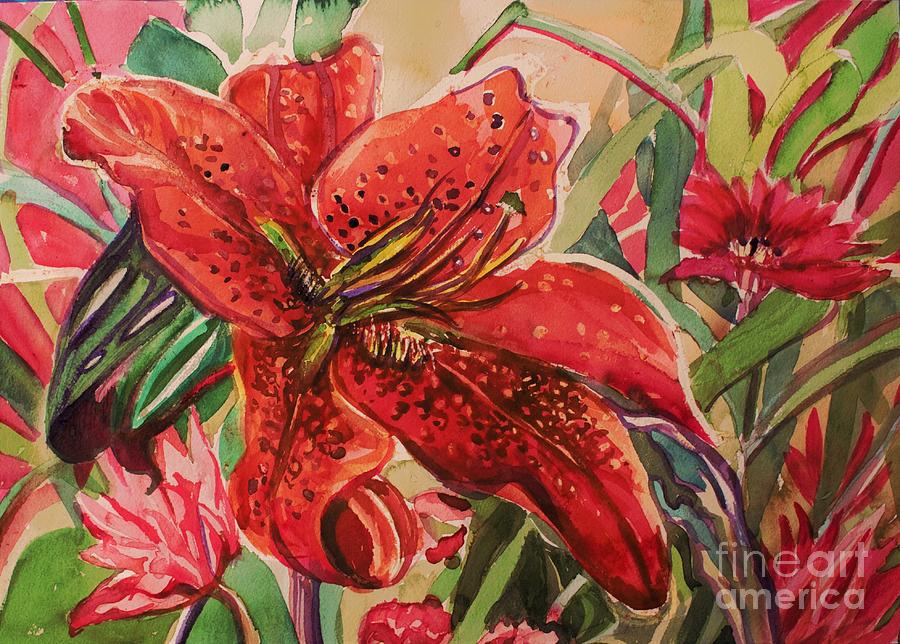 Crimson Day Lilies Painting by Mindy Newman
