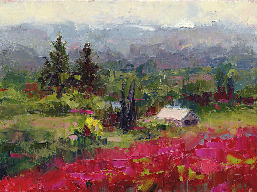 Crimson Hillside - plein air palette knife painting Painting by Talya Johnson