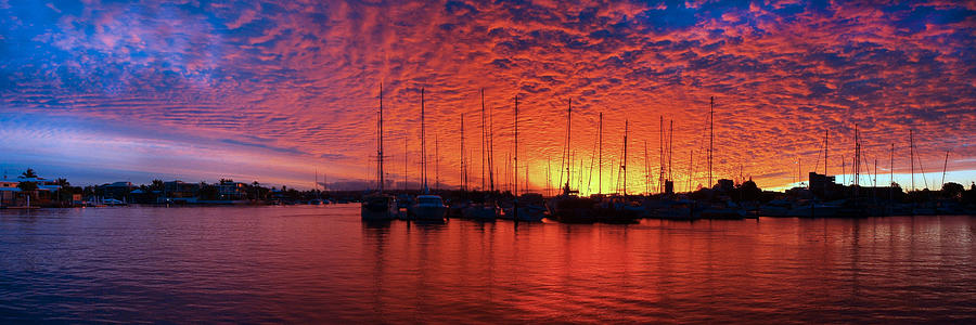Crimson Ocean Marina Sunset Panorama.  Photograph by Geoff Childs