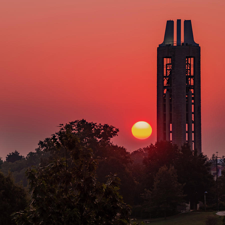 Crimson Sunrise Over The Campanile Tower - Lawrence Kansas Photograph by Gregory Ballos