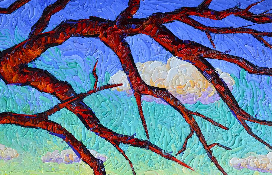 Tree Painting - CRIMSON OAK TREE BRANCHES AND CLOUDS textural impasto palette knife oil painting Ana Maria Edulescu by Ana Maria Edulescu