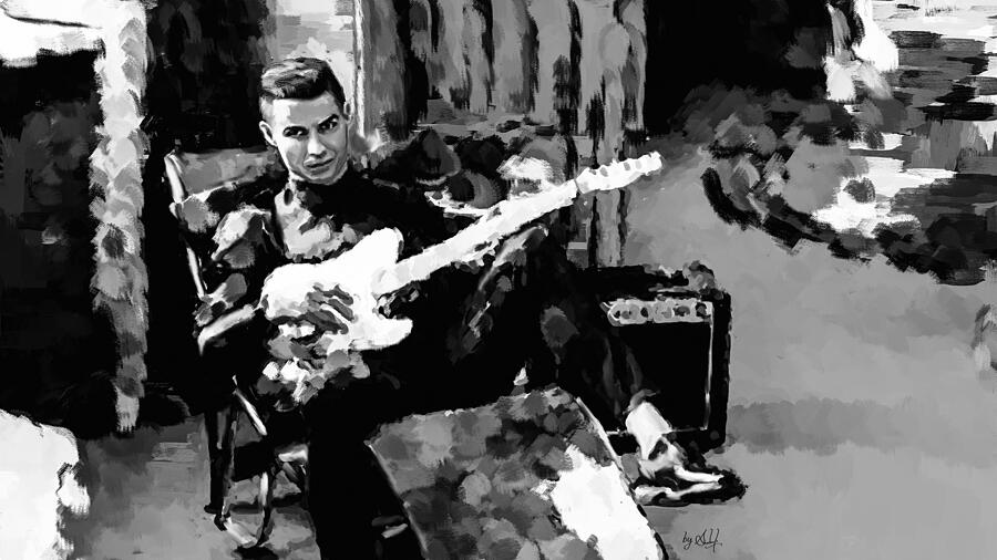 Cristiano Ronaldo holding an electric guitar in black and white Digital Art by Gradify Creations Cristiano Ronaldo holding an electric guitar in black and white Digital Art by Gradify Creations