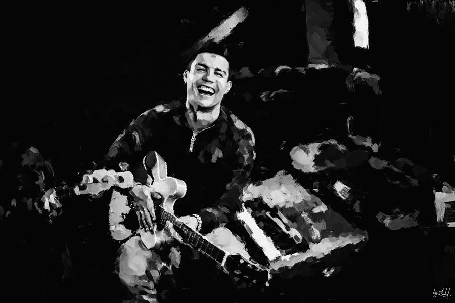 Cristiano Ronaldo strums electric guitar in black and white Digital Art by Gradify Creations Cristiano Ronaldo strums electric guitar in black and white Digital Art by Gradify Creations