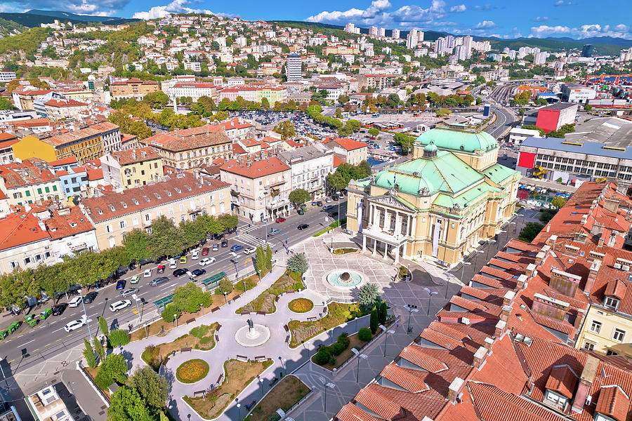 Croatian national theater in Rijeka square aerial view, fountain Photograph by Brch Photography