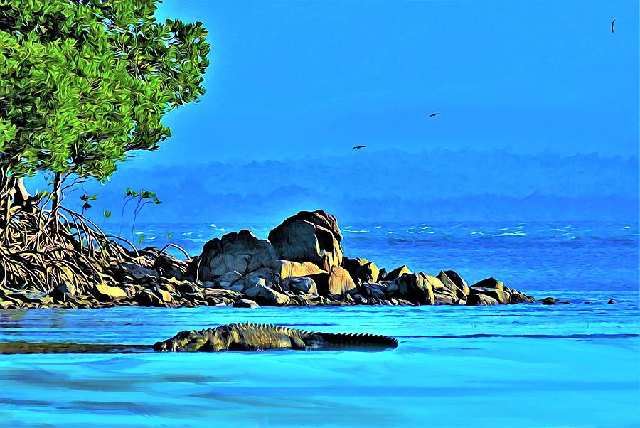 Crocodile on Beach Roko Island Torres Strait Queensland Mixed Media by Joan Stratton