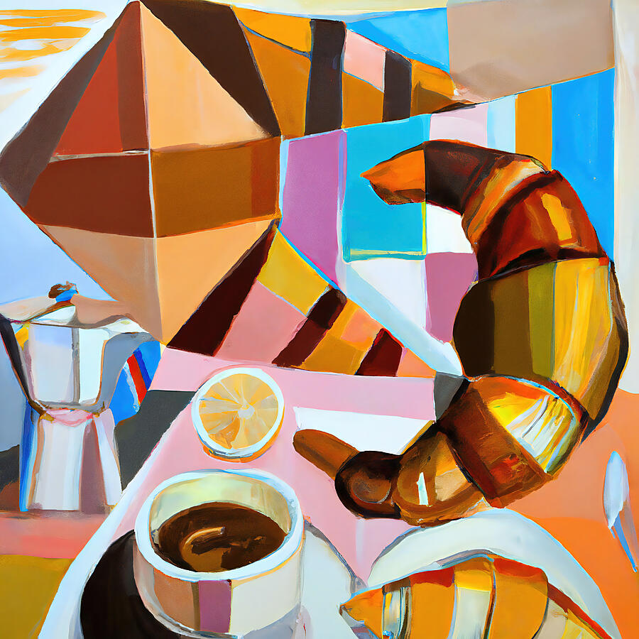 Abstract Painting - Croissant, a cup of coffee - Colorful Funky Abstract Style by StellArt Studio