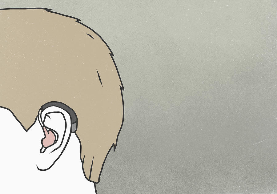 Cropped image of man wearing hearing aid against gray background Drawing by Malte Mueller
