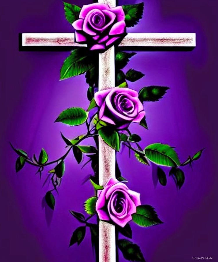 Cross and Purple Roses Digital Art by Cindys Creative Corner