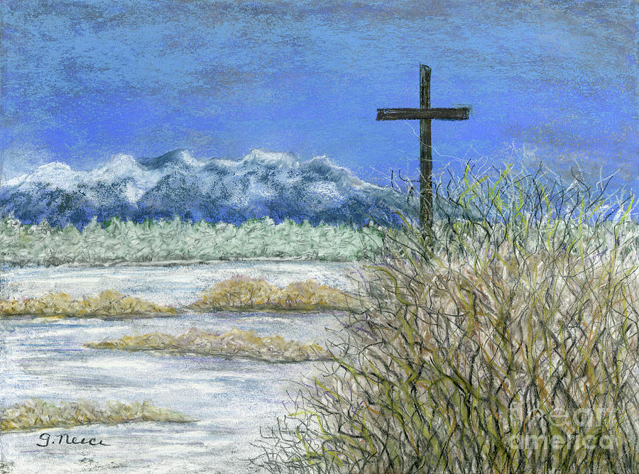 Cross in Winterscape Painting by Ginny Neece
