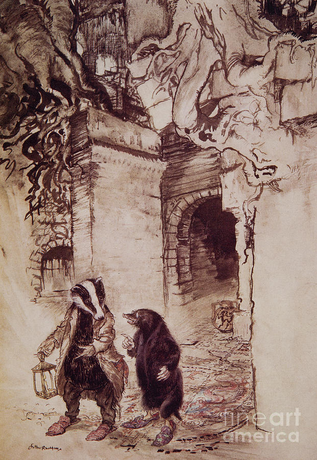 Crossing the hall, they passed down one of the principal tunnels Painting by Arthur Rackham