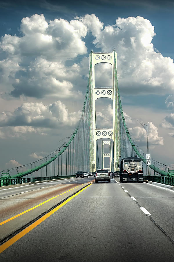 Crossing the Mackinac Bridge going north Photograph by Randall Nyhof