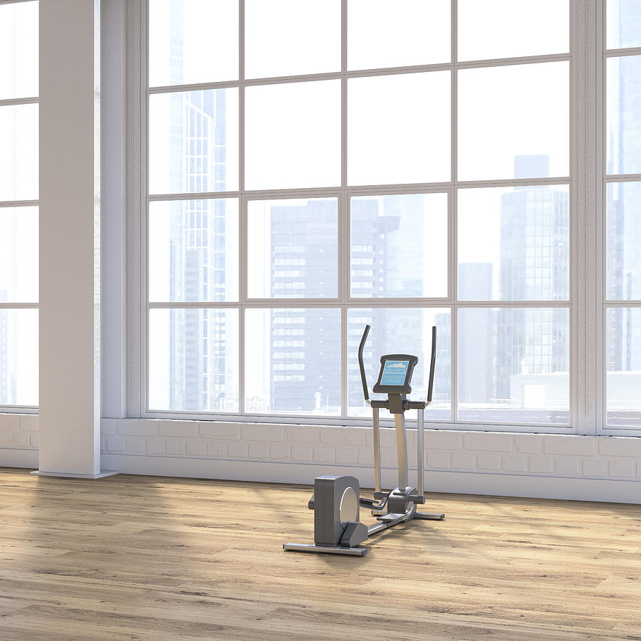 Crosstrainer in a loft with view to skyline, D Rendering Drawing by Westend61