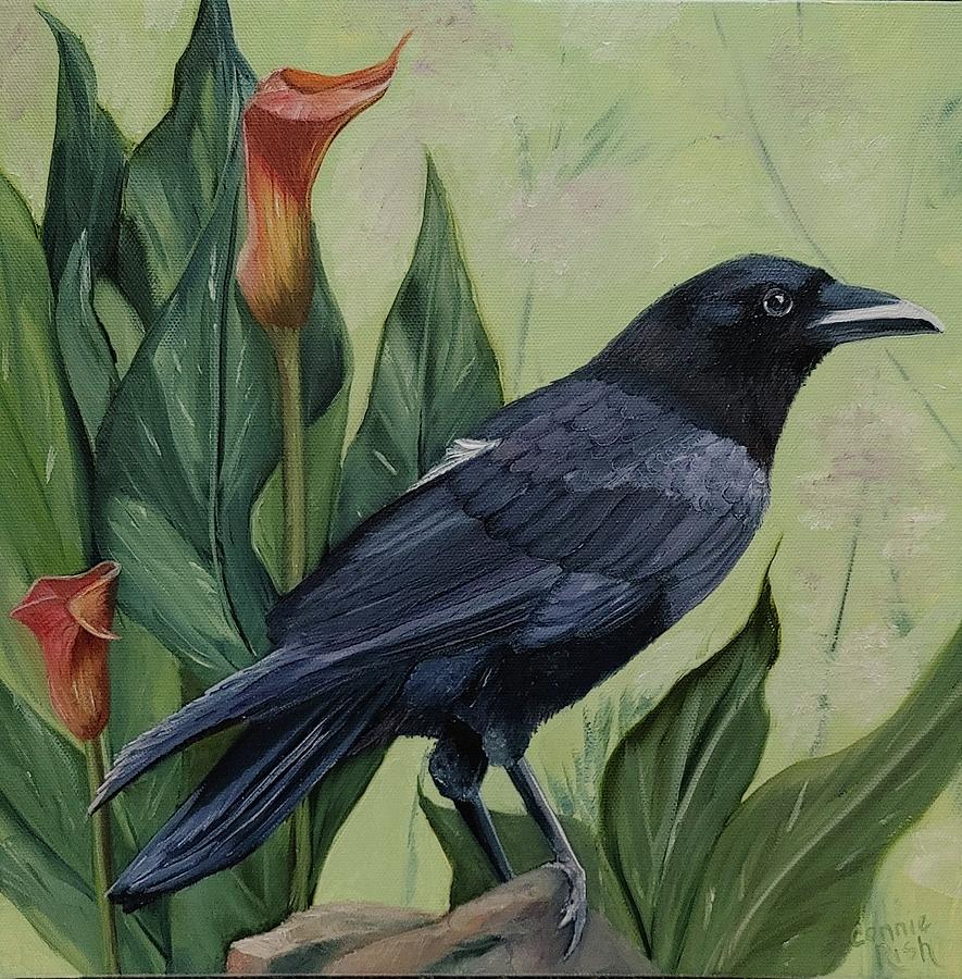 Crow Among The Calla Lillies Painting by Connie Rish
