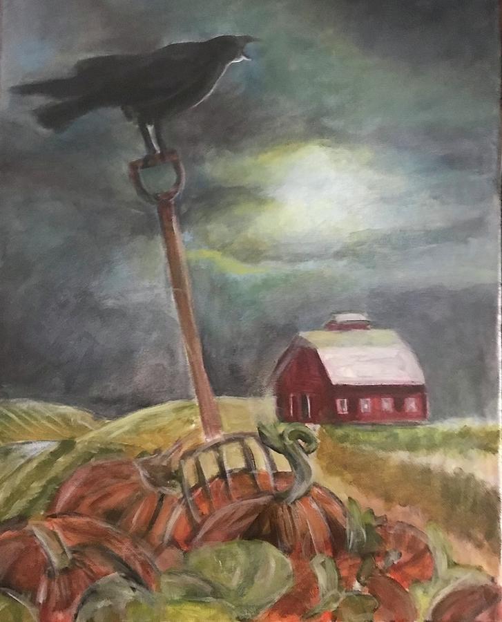 Crow In Pumpkin Patch Painting by Denice Palanuk Wilson