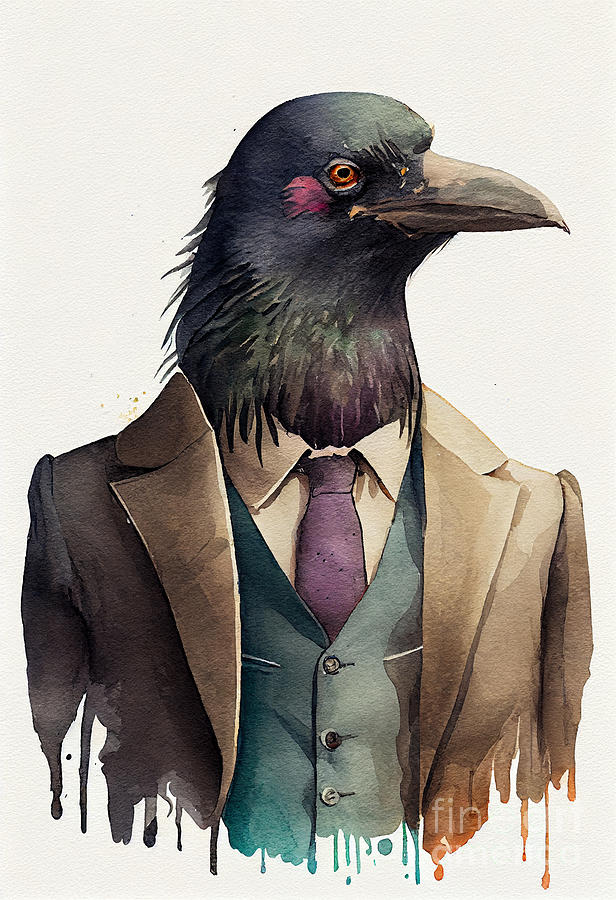 Crow Painting - Crow in Suit Watercolor Hipster Animal Retro Costume by Jeff Creation