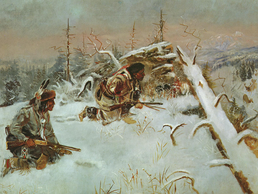 Vintage Drawing - Crow Indians Hunting Elk by Charles Russell