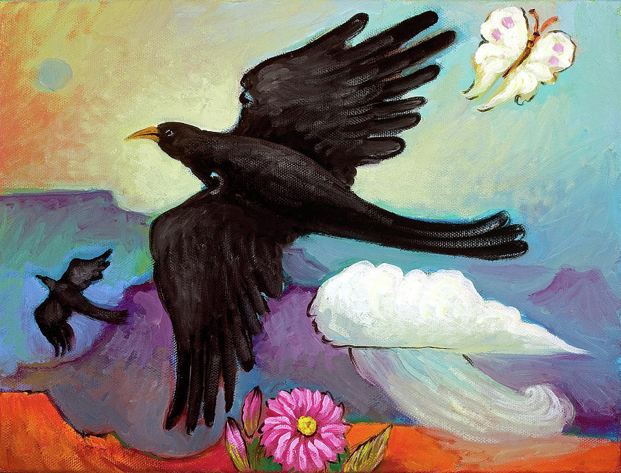 Crow Love in Bloom Painting by Linda Carter Holman