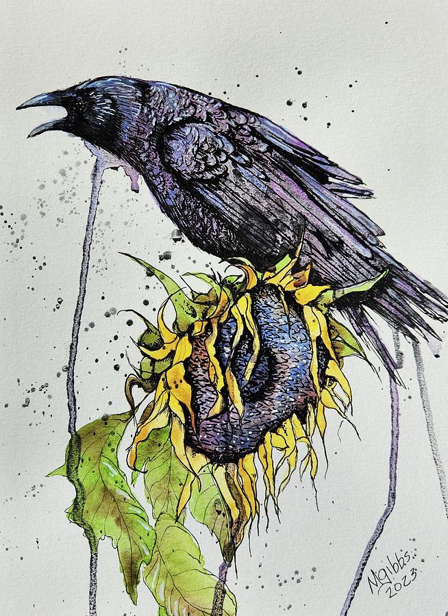 Crow on Dead Sunflower Mixed Media by Mindy Gibbs