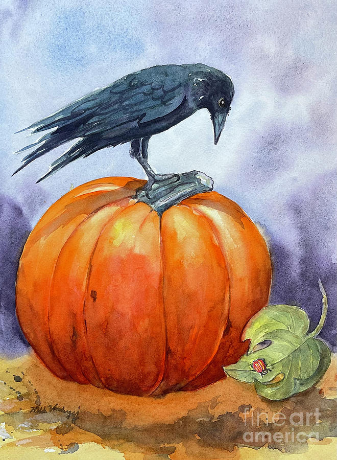 Crow on Pumpkin Painting by Hilda Vandergriff