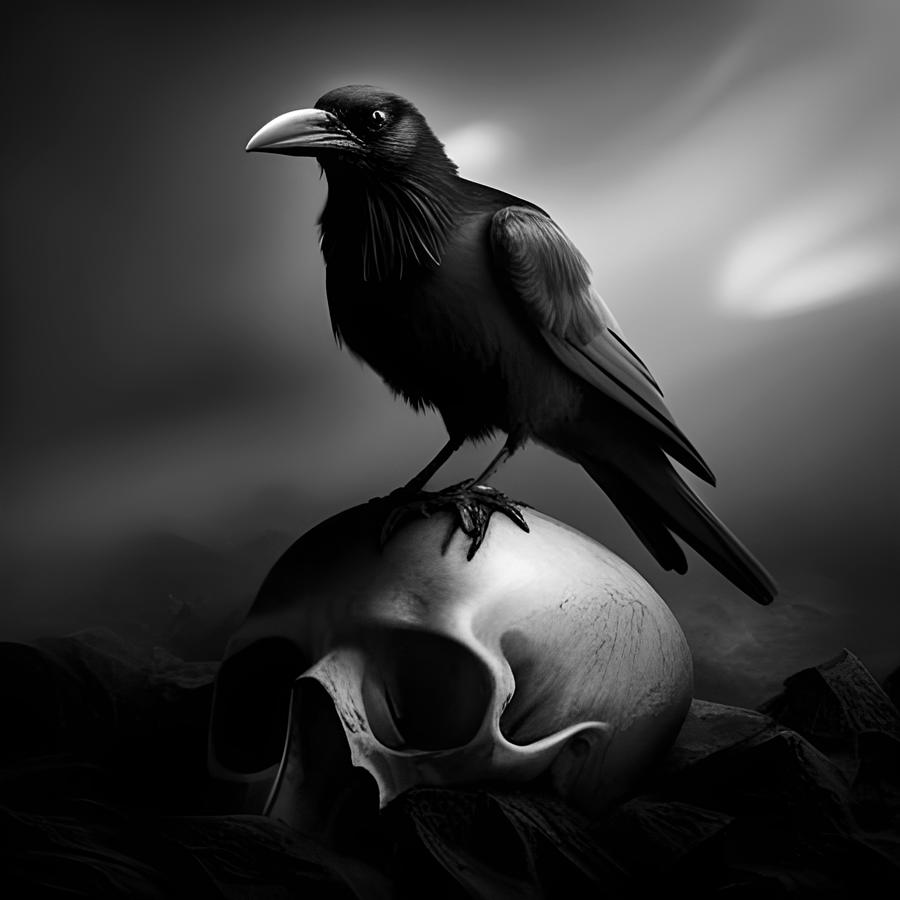 Crow On Skull In Black and White Photograph by Greg and Chrystal Mimbs
