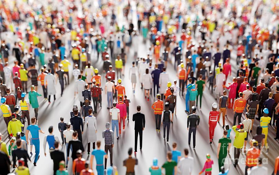 Crowd of people walking in one direction. Low poly style. Photograph by  Michal Bednarek