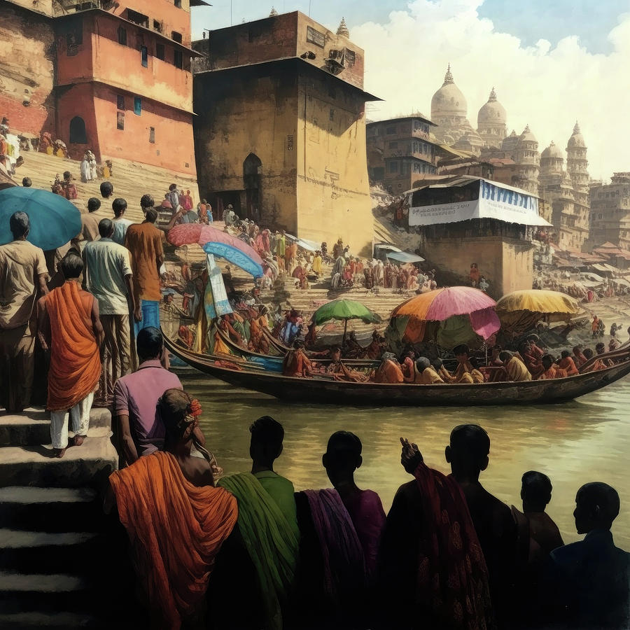 Crowd of pilgrims Ganges ghats  Varanasi, India - #aYearForArt  Photograph by Steve Estvanik