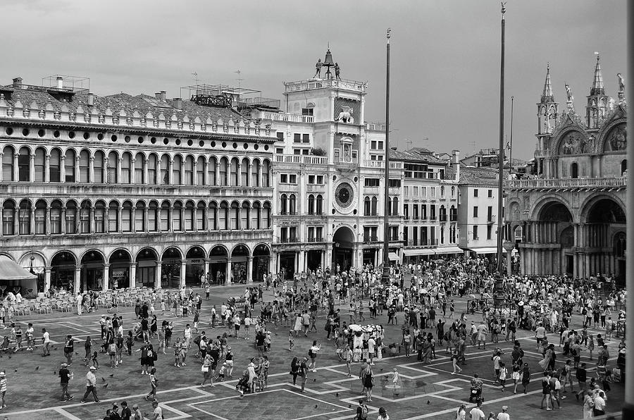 Crowd on St. Marks Square Piazza San Marco Venice Italy Black and White Photograph by Shawn OBrien