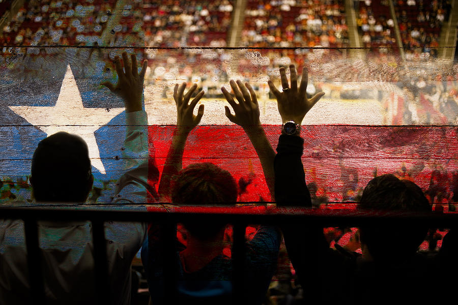Crowd people at sports stadium. Texas flag. Basketball court. Fans. Photograph by Fstop123