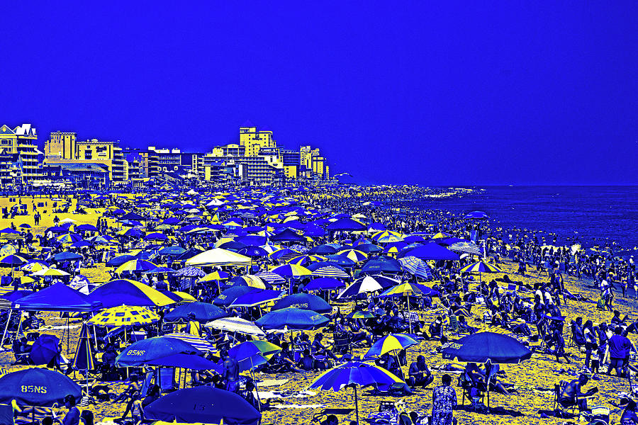 Crowded Beach Blue and Yellow Duotone Photograph by Bill Swartwout