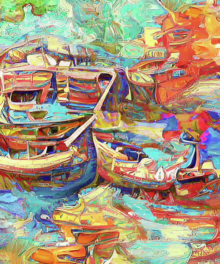 Boat Digital Art - Crowded  Little Port in  Summertime by Grace Iradian