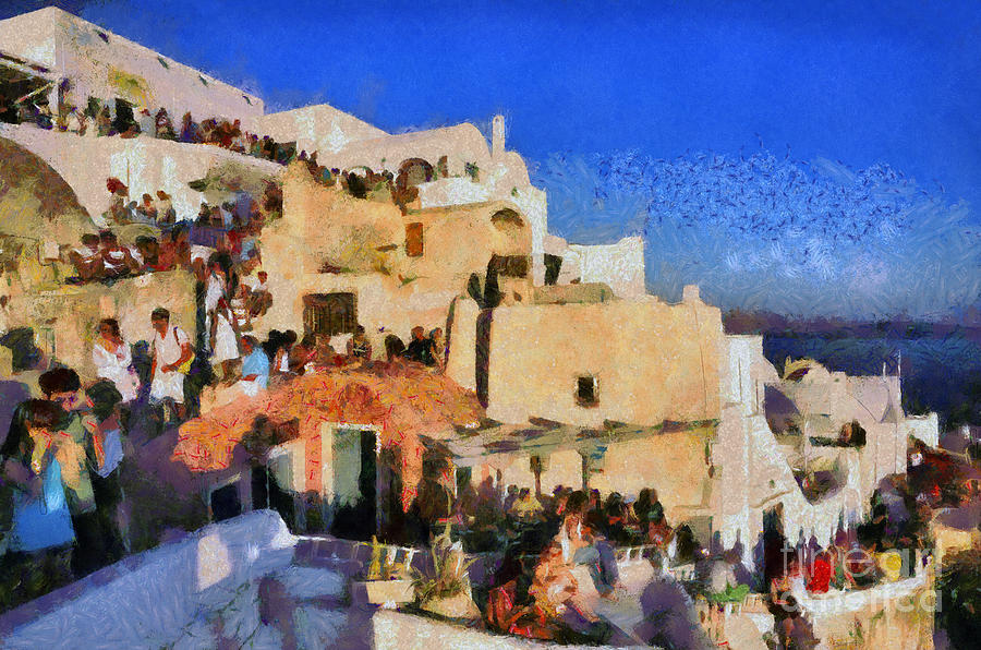 Crowded Oia town during sunset Painting by George Atsametakis